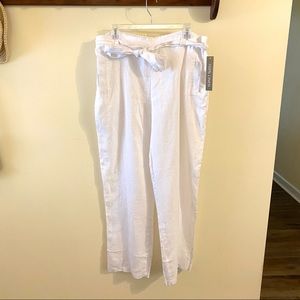 White 100% Linen Belted Wide Leg Pants XL